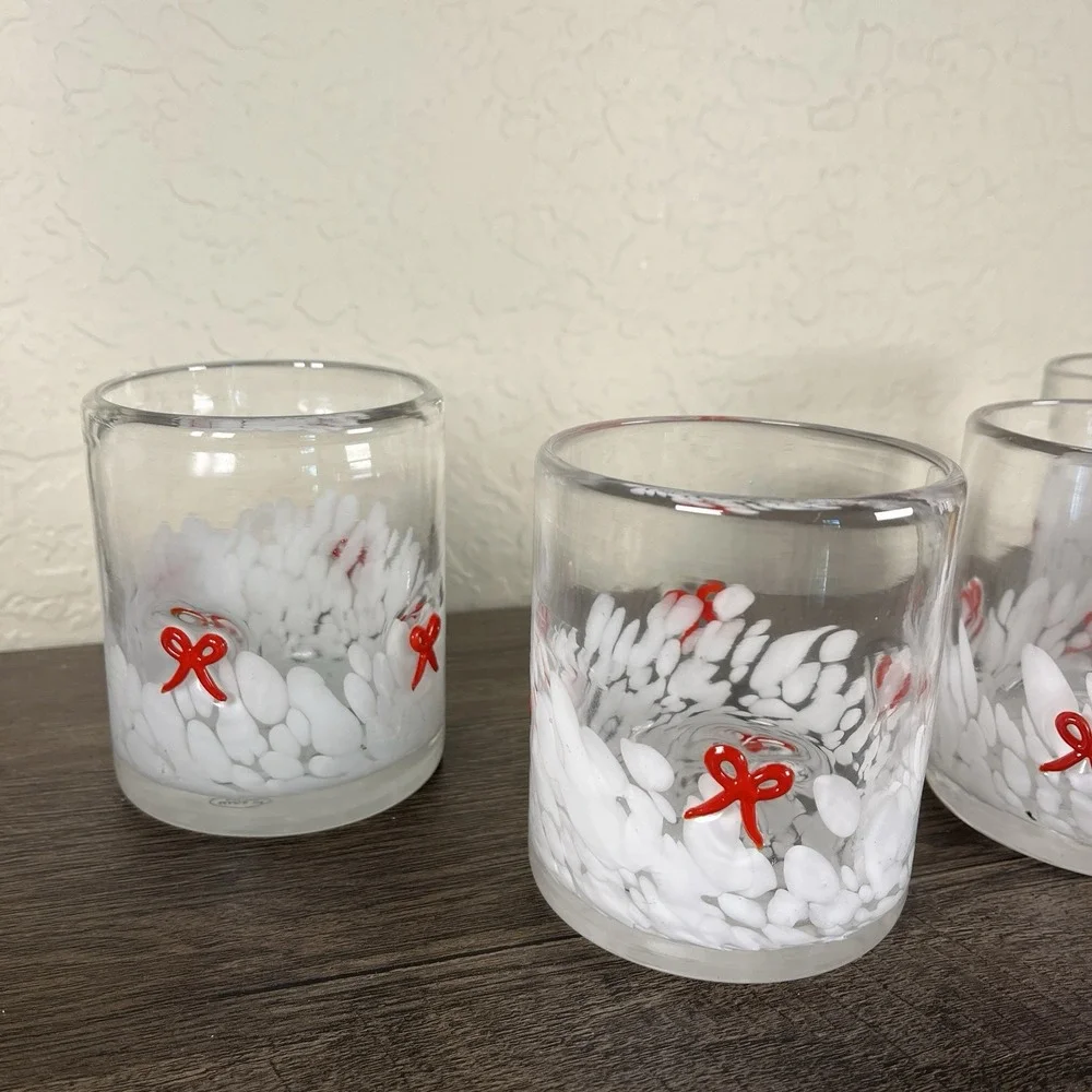 Bubble Glass Swirl Red Bow Tumblers 4 Christmas in July Anthro Style Kitsch